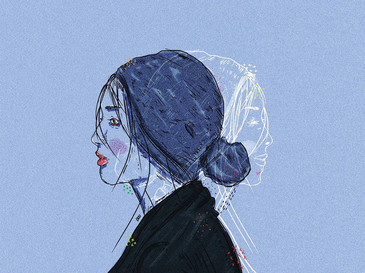 Illustrated woman with abstract outline silhouette.