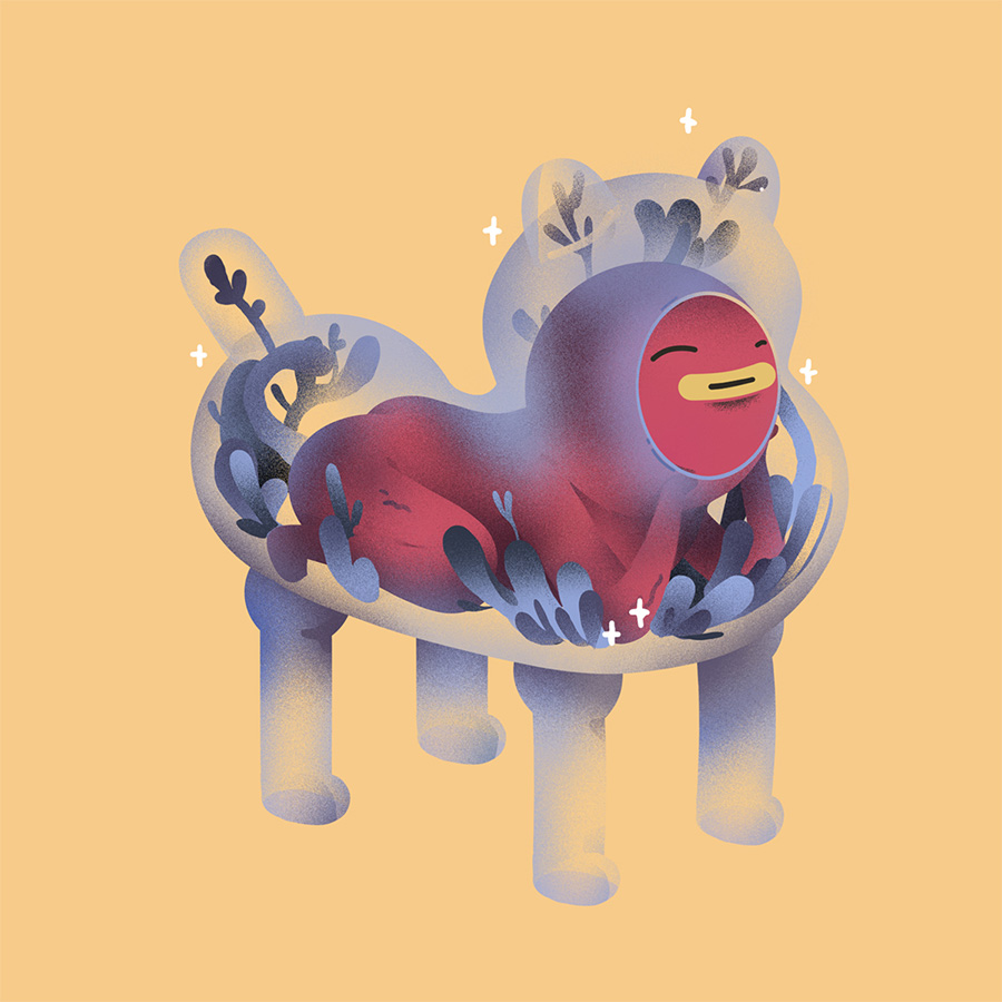 Abstract creature with plants and transparent body.