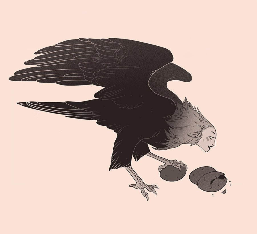 Bird with human head eating broken eggs.